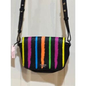 Victoria's Secret Neon Stripe Studded Crossbody Bag Black Faux Snakeskin NWT